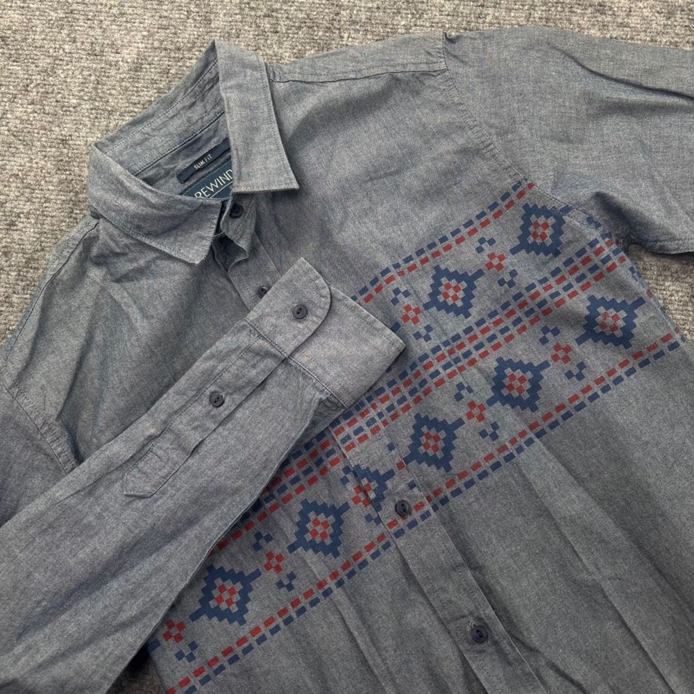 Rewind Button Down Shirt Small Blue Aztec Geometric Slim Fit‎ Men's